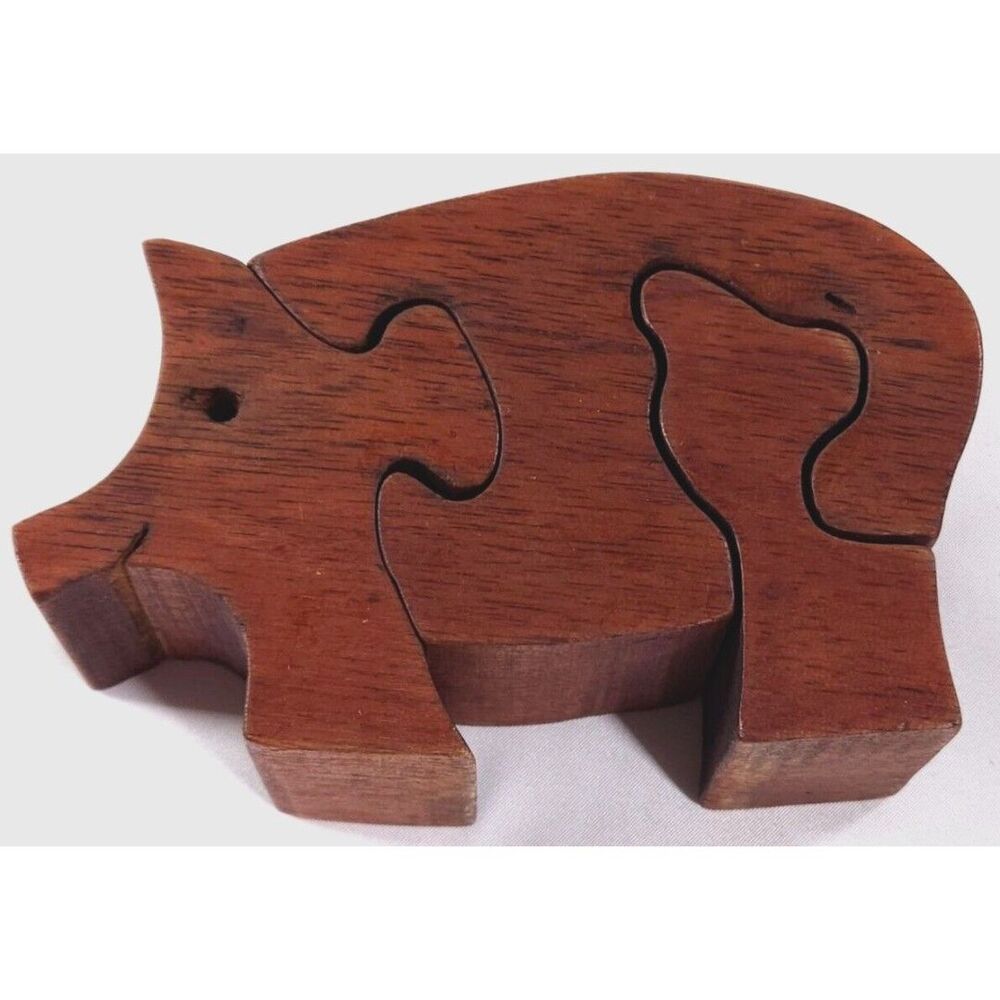Wooden Pig Bore Puzzle Hand Made Decor Wood Vintage Cherry Animal Figure Folk